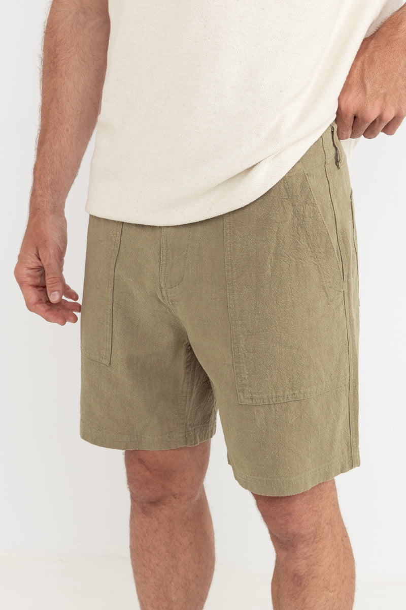 Worn Path Textured Linen Short Olive