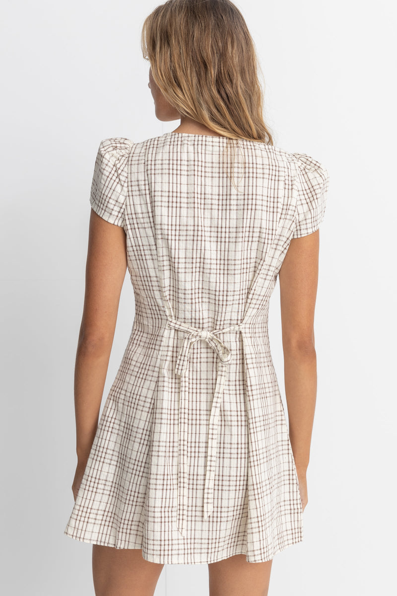 Rumi Check Cap Sleeve Mini Dress Natural