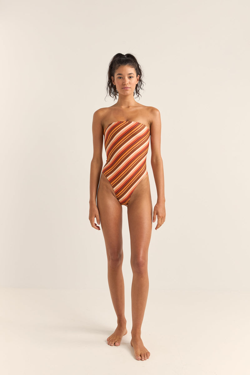 Chica Stripe Strapless One Piece Brown