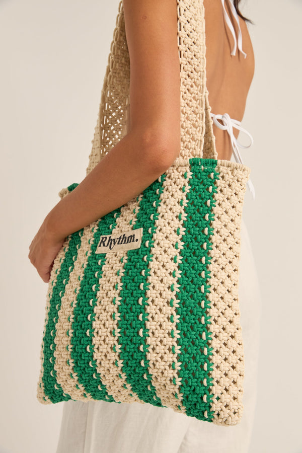 Dinero Stripe Crochet Tote Bag Green