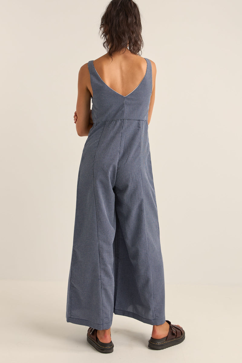 Check Wide Leg Jumpsuit Navy