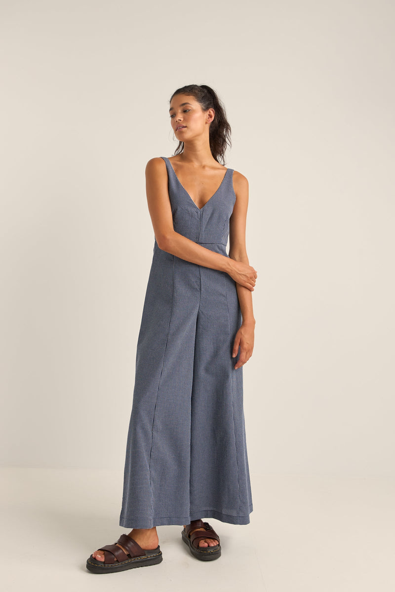 Check Wide Leg Jumpsuit Navy