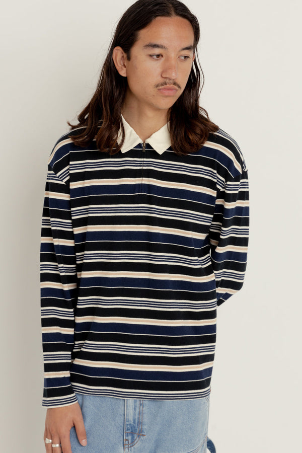 Laguna Stripe Polo Ls T-Shirt Blue Wash