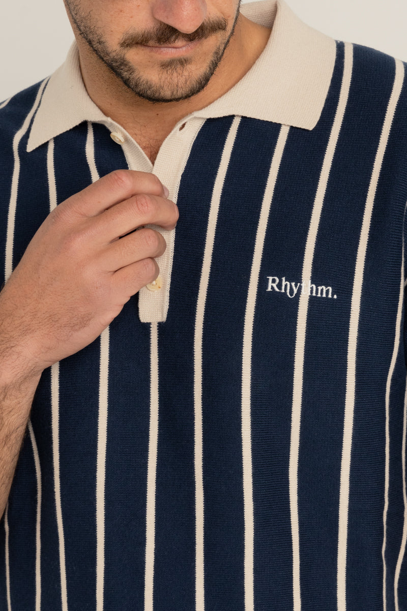 Striped Knit Ss Polo Navy