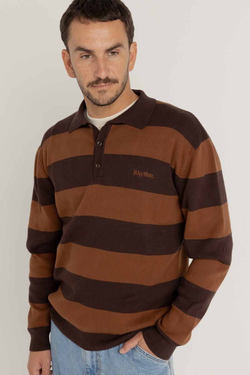 Ventura Stripe Knit Ls Polo Cafe