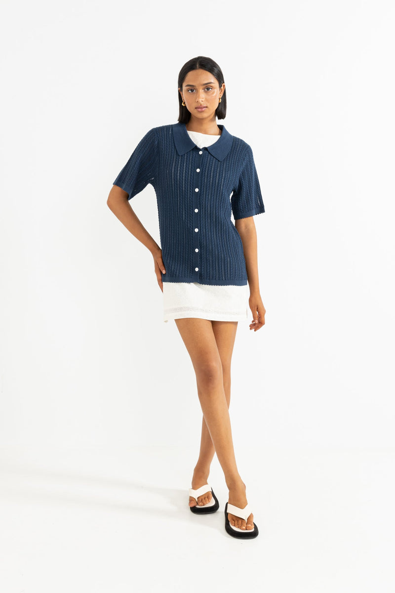 Scallop Knit Ss Shirt Navy