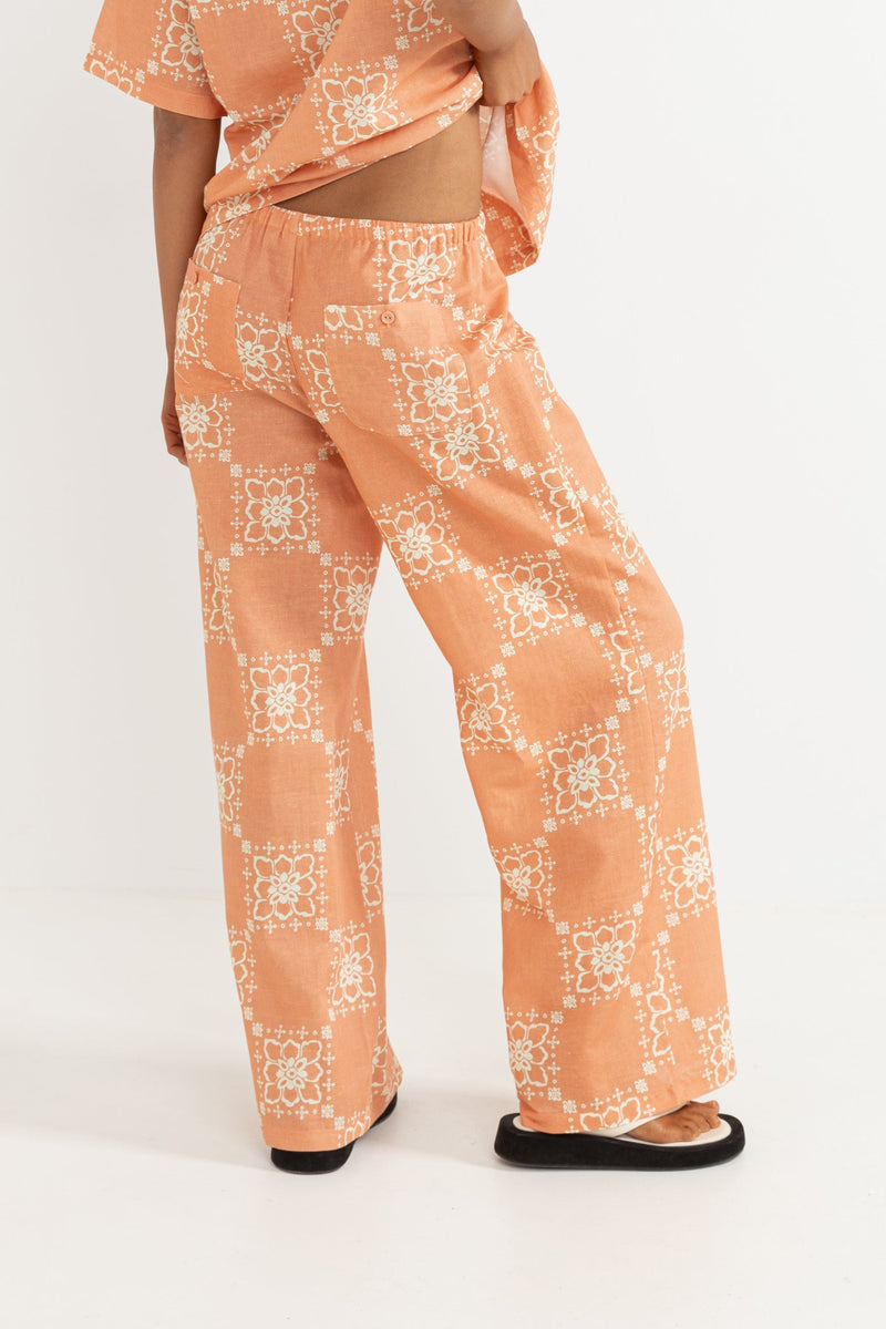 Stamped Floral Linen Pant Coral