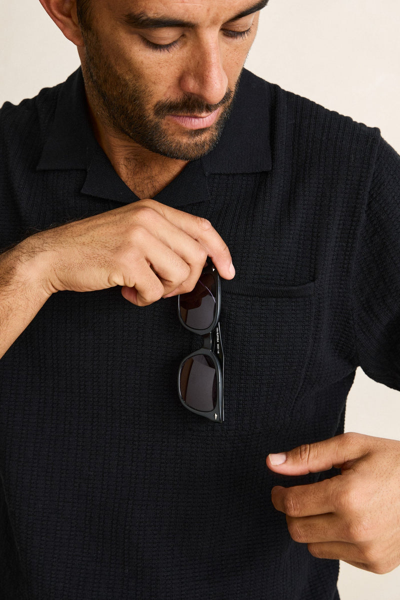 Textured Knit Johnny Polo Black