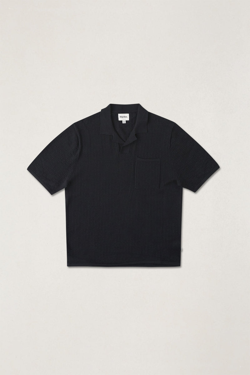 Textured Knit Johnny Polo Black