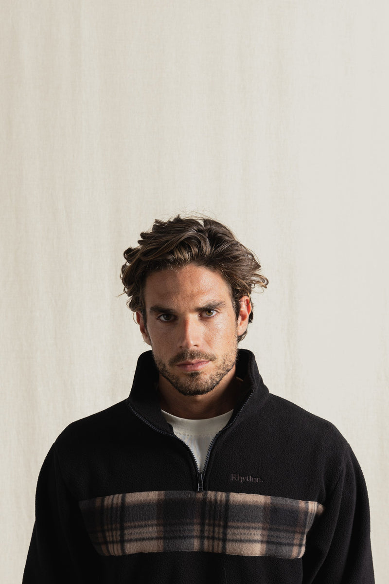 Checkered Fleece Quarter Zip Black