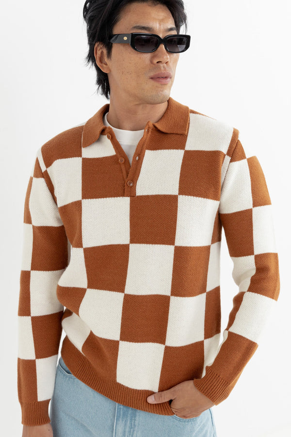 Rhumba Check Ls Polo Knit Brown