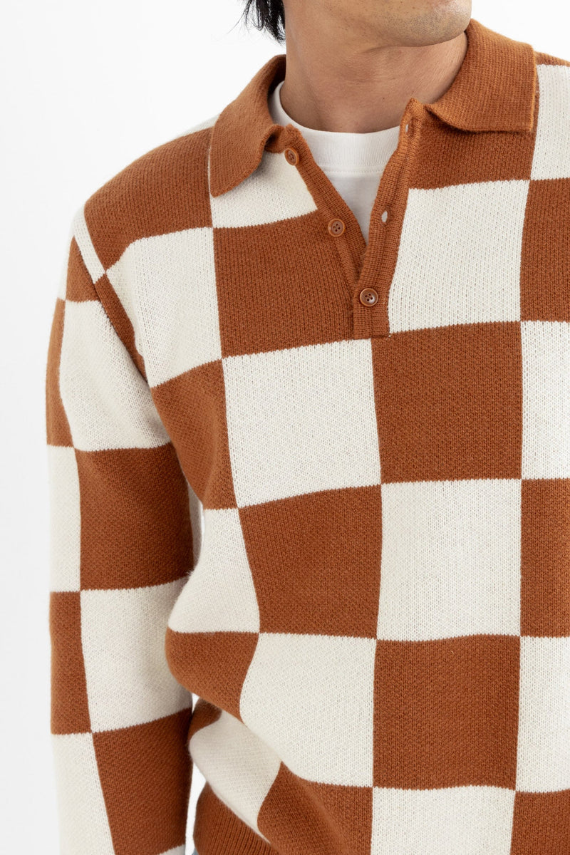 Rhumba Check Ls Polo Knit Brown