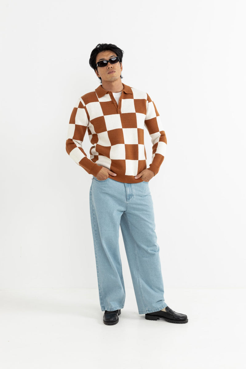 Rhumba Check Ls Polo Knit Brown