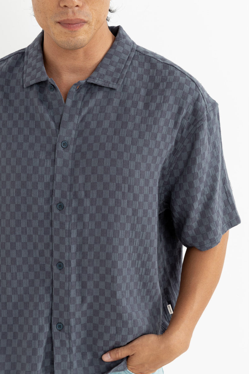 Leads Relaxed Check Ss Shirt Blue Sea