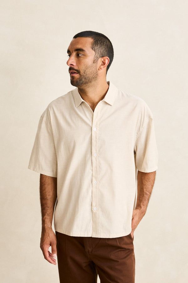 Essential Linen Stripe Ss Shirt Natural