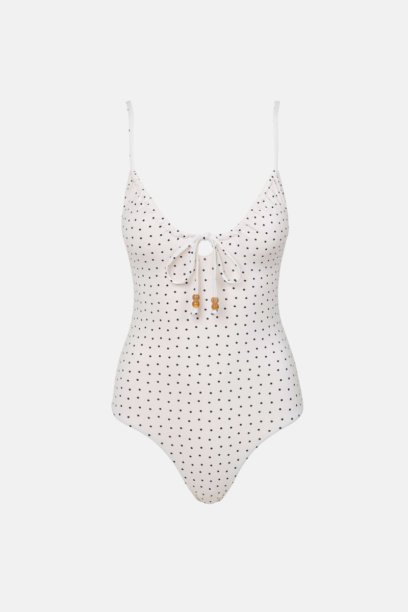 Polka Dot Tie Front One Piece Cream