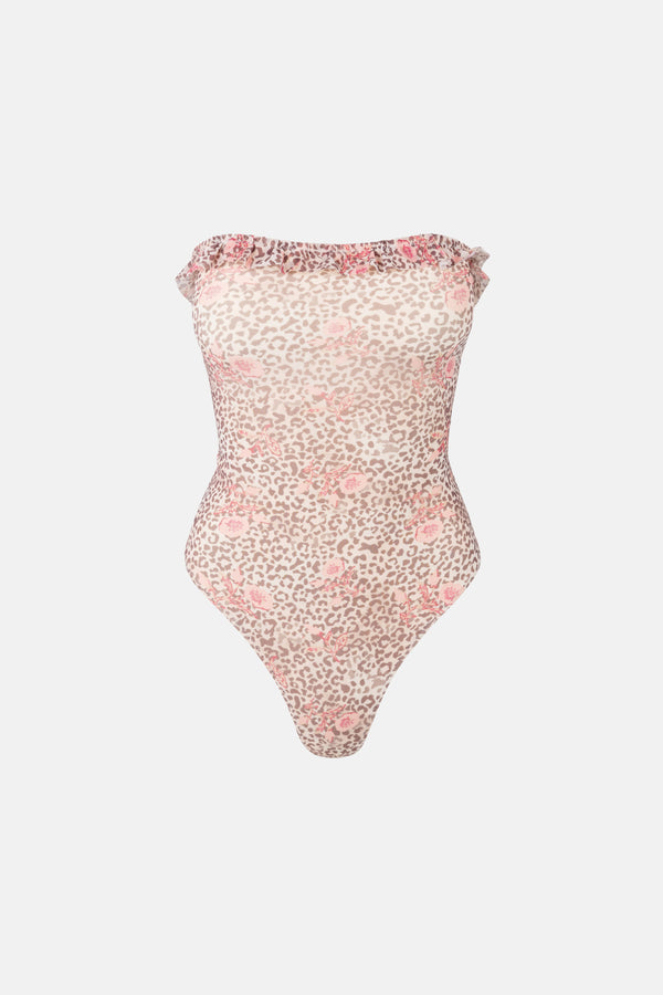 Leopard Floral Strapless One Piece Pink