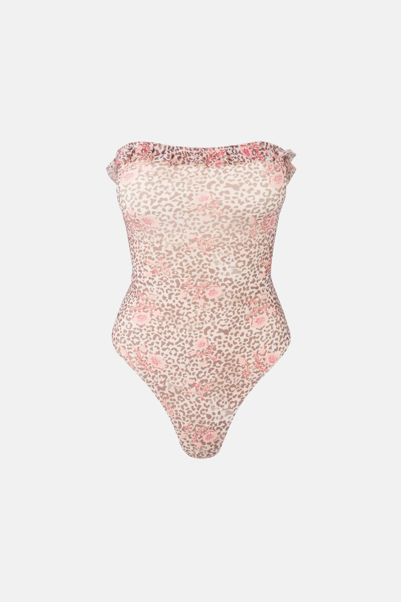 Leopard Floral Strapless One Piece Pink