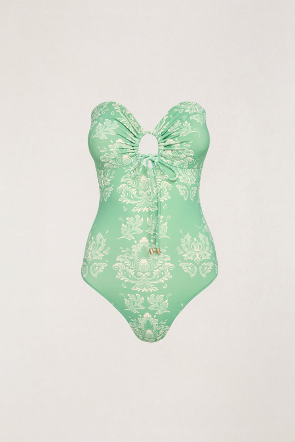 Brocade Tie Front Strapless One Piece Palm