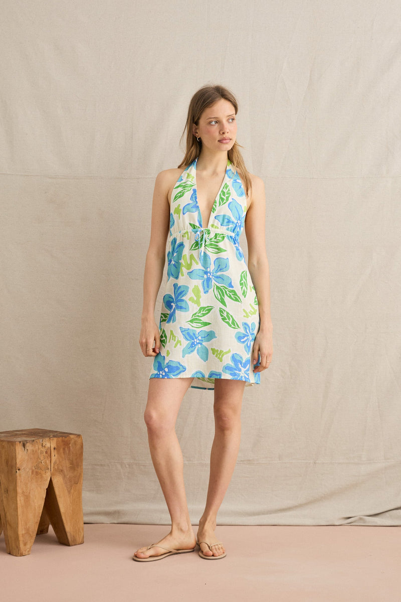 Makani Floral Halter Mini Dress Blue