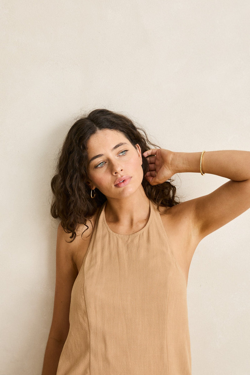 Sunny Days Halter Linen Mini Dress Sand