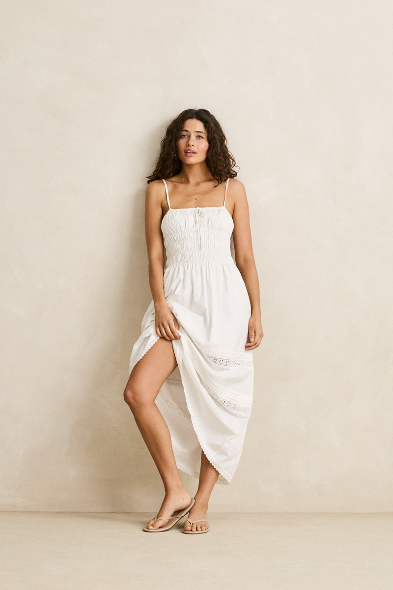 Broderie Lace Gathered Midi Dress White