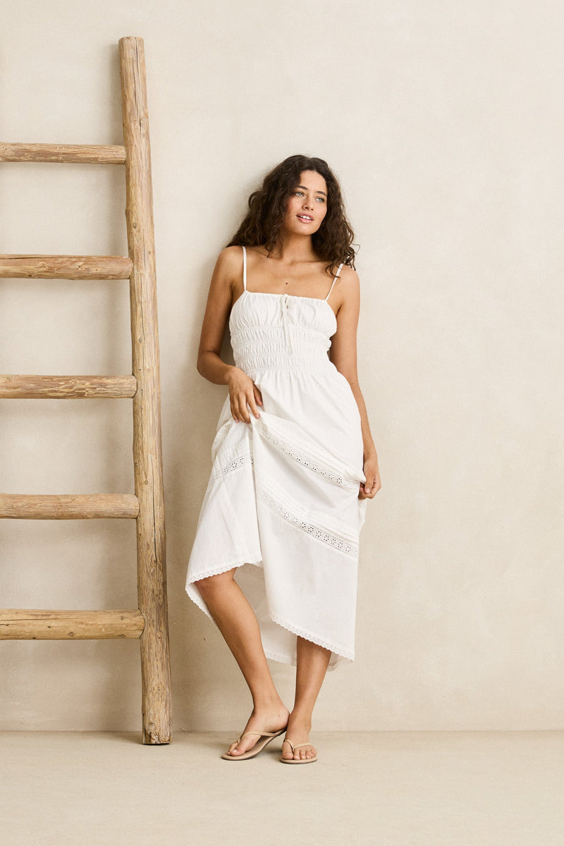 Broderie Lace Gathered Midi Dress White