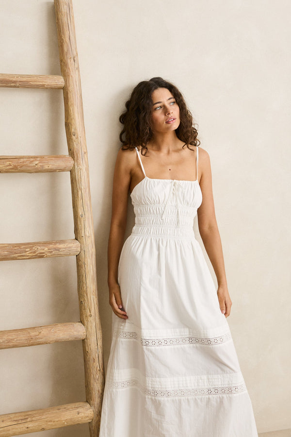 Broderie Lace Gathered Midi Dress White