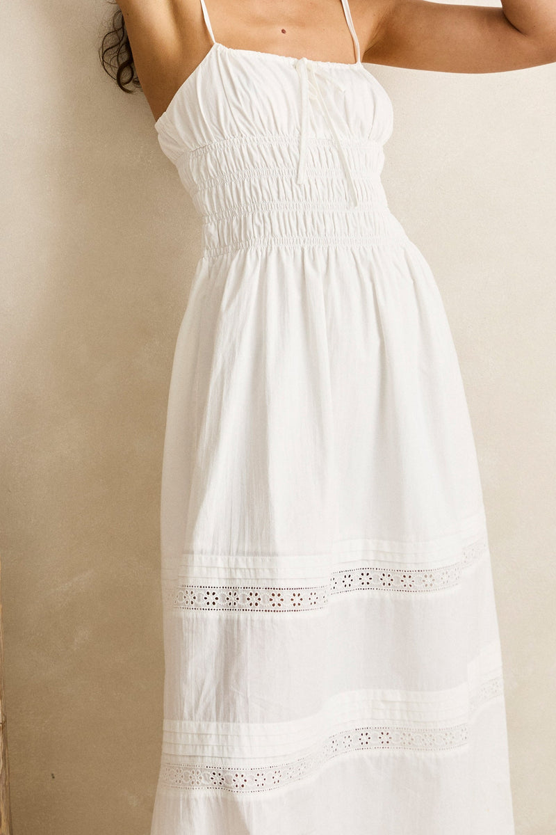 Broderie Lace Gathered Midi Dress White