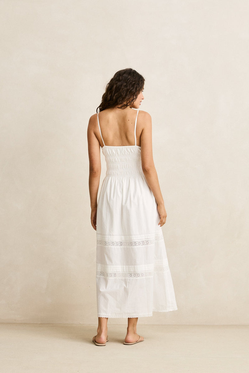 Broderie Lace Gathered Midi Dress White