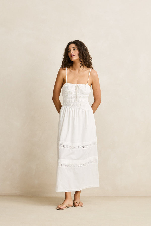 Broderie Lace Gathered Midi Dress White