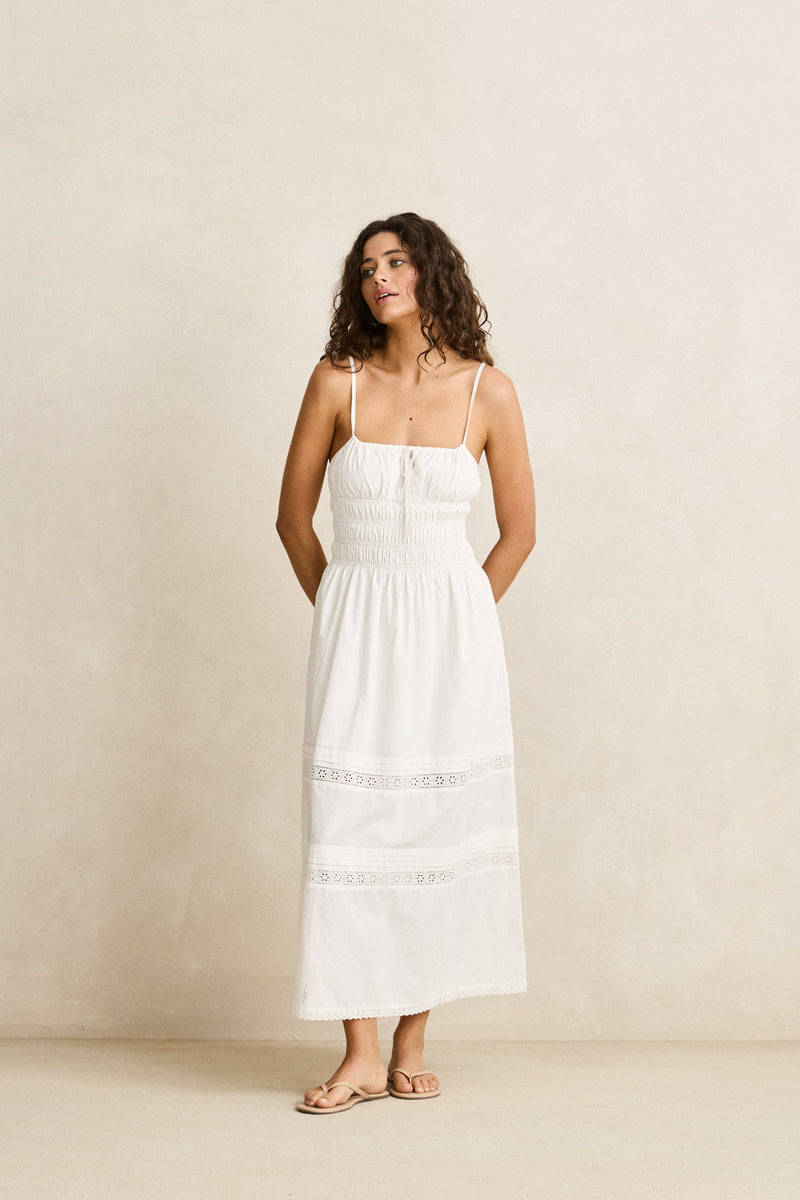 Broderie Lace Gathered Midi Dress White