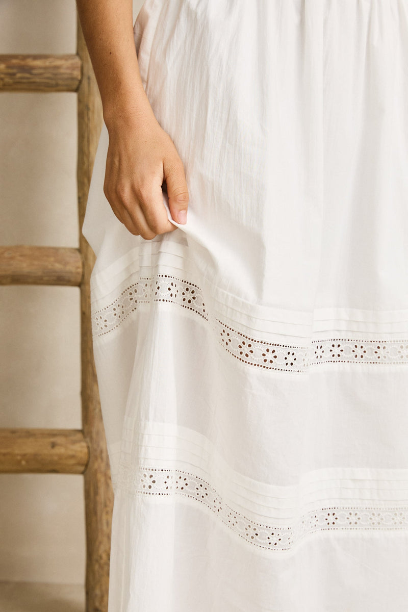Broderie Lace Gathered Midi Dress White