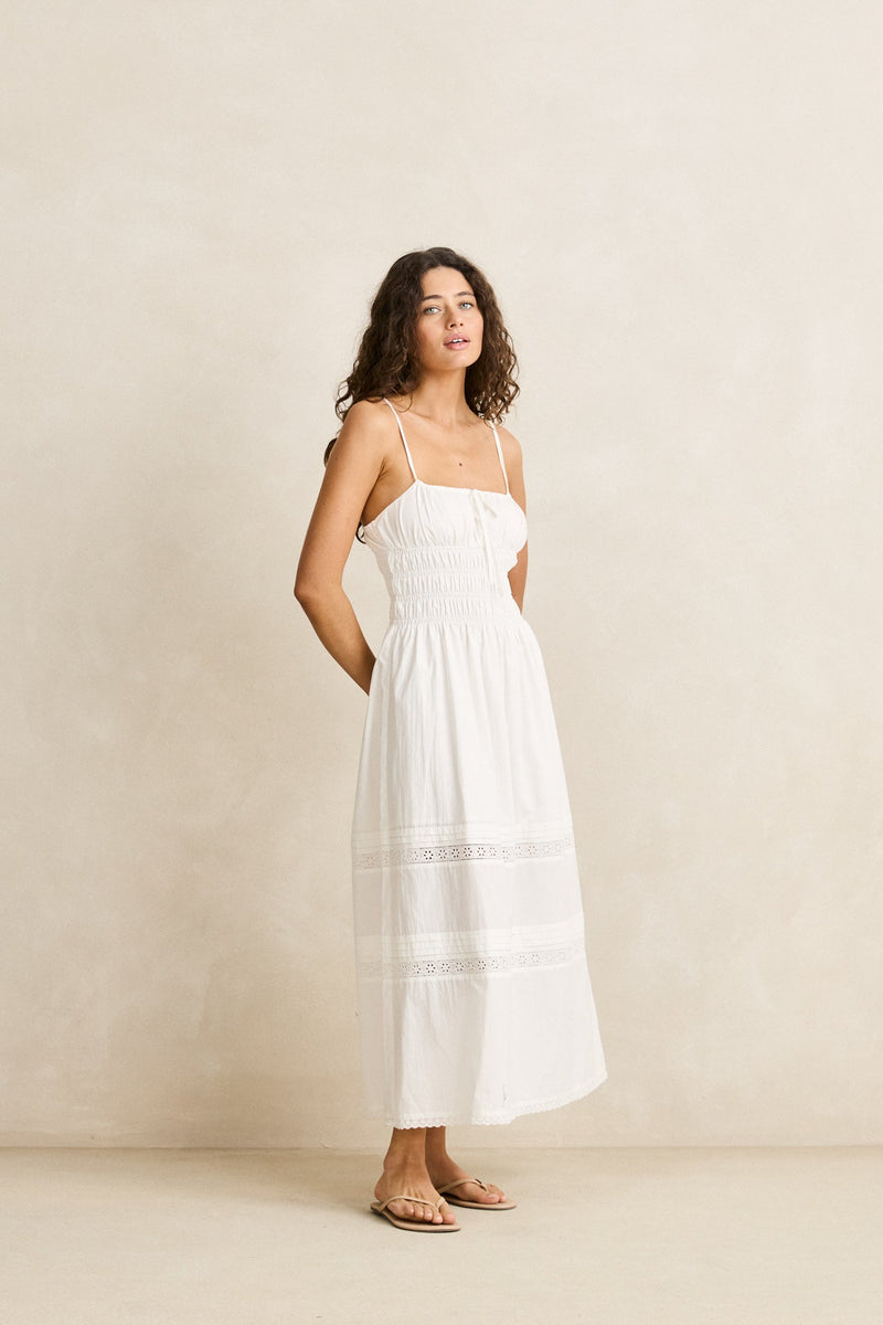 Broderie Lace Gathered Midi Dress White