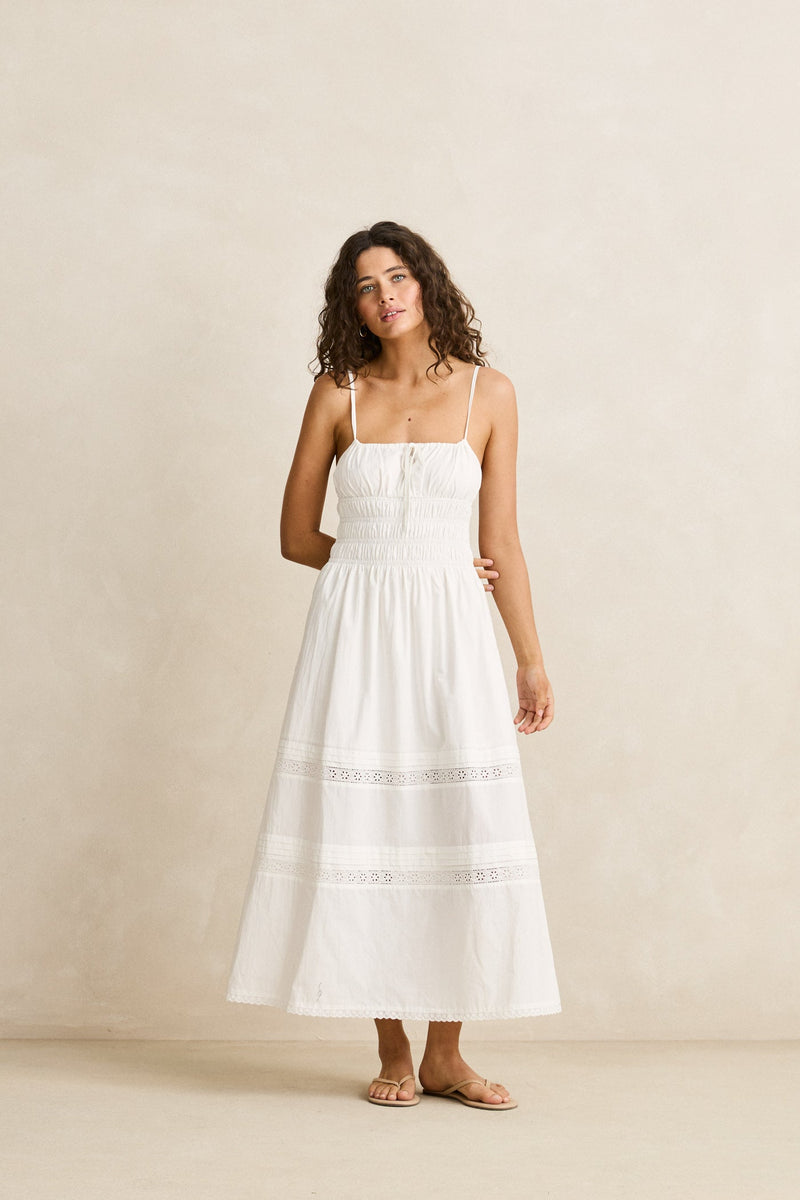 Broderie Lace Gathered Midi Dress White