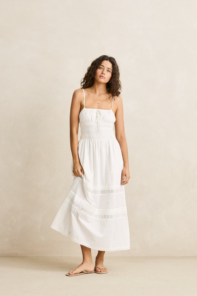 Broderie Lace Gathered Midi Dress White
