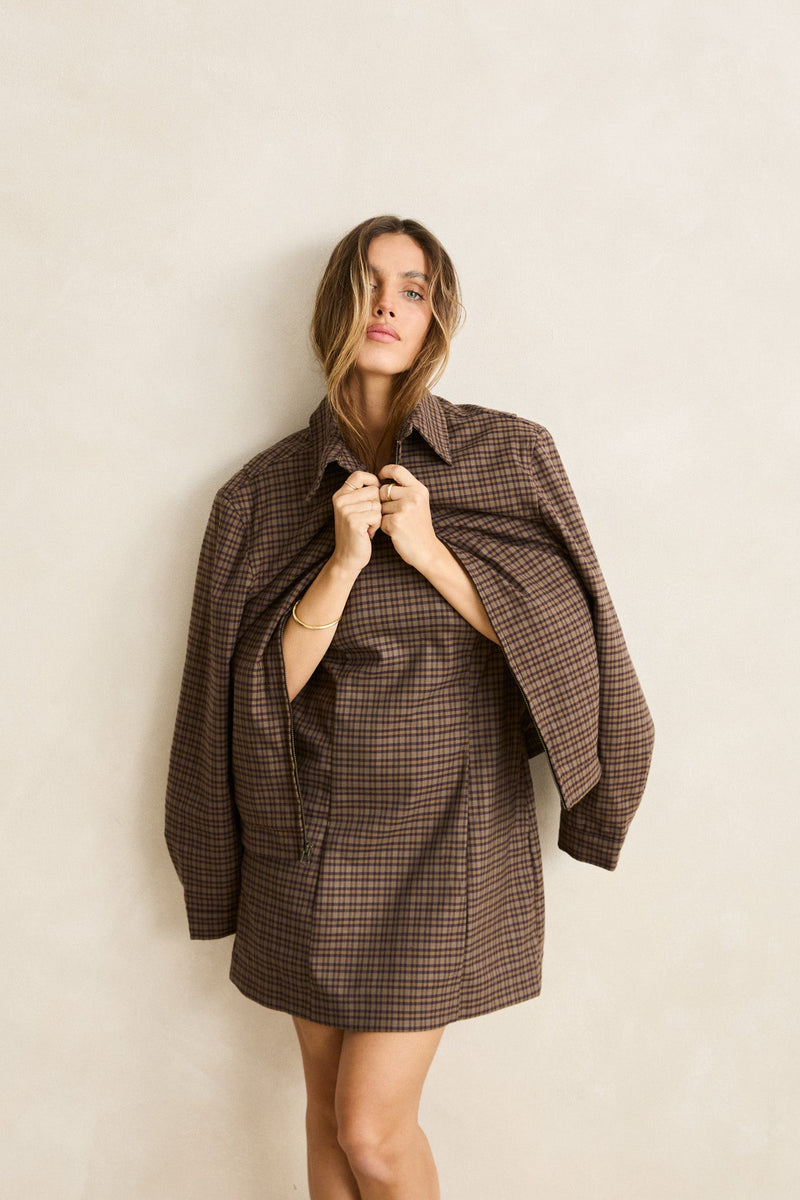 Jordy Check Halter Mini Dress Cafe