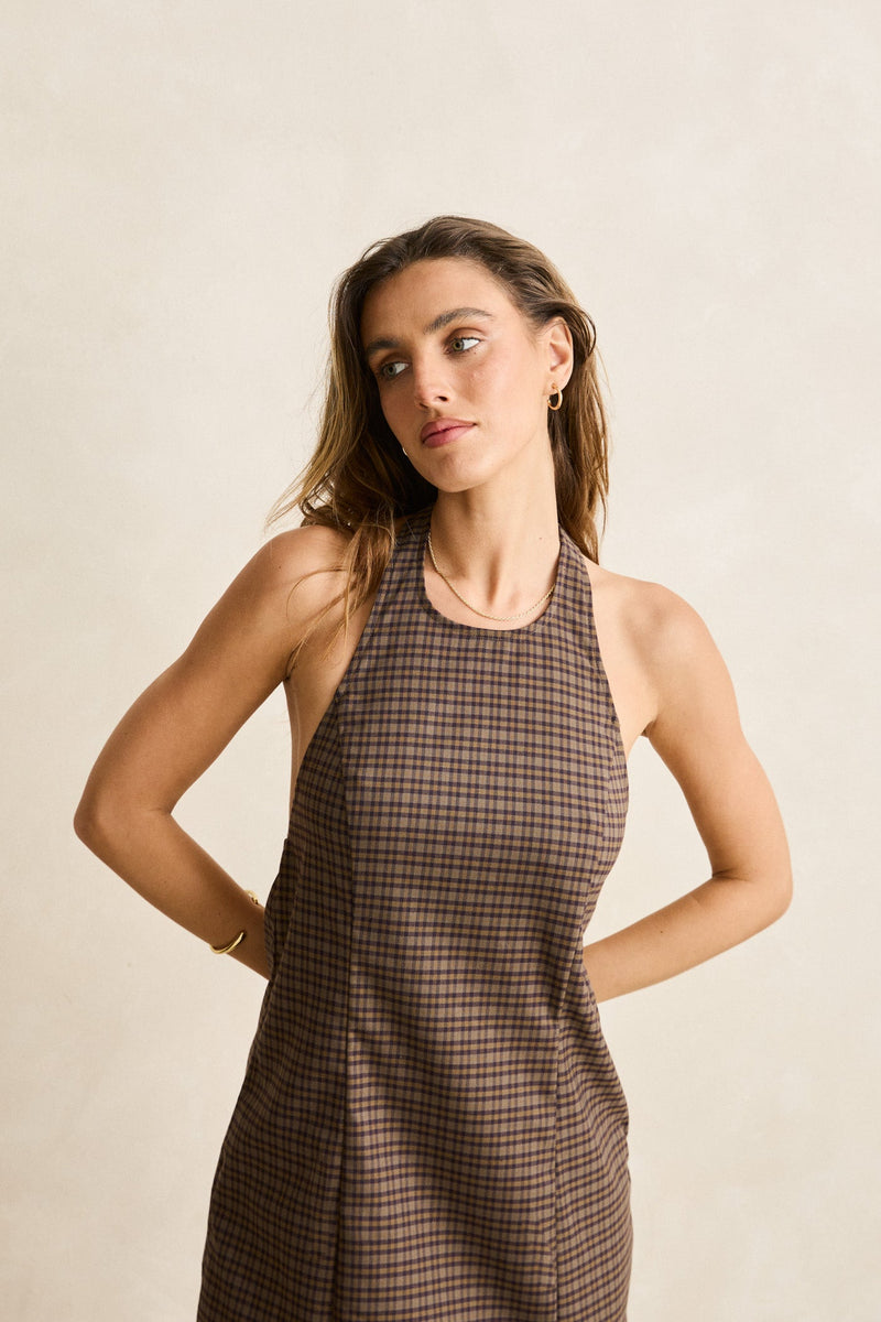 Jordy Check Halter Mini Dress Cafe
