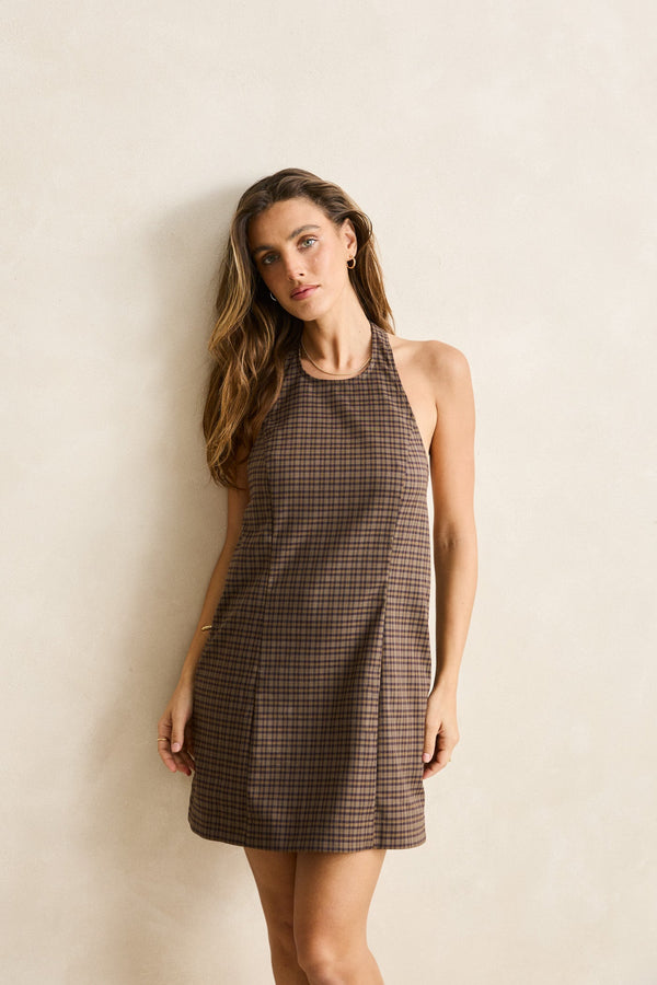 Jordy Check Halter Mini Dress Cafe