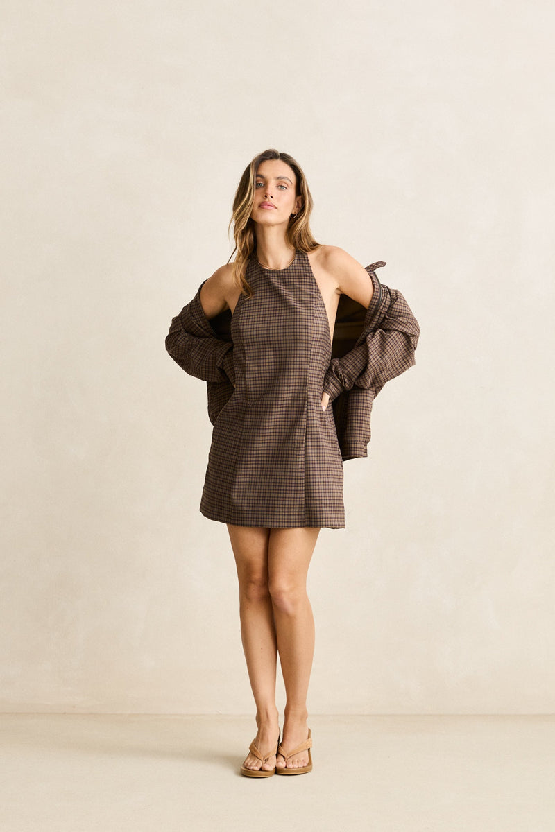 Jordy Check Halter Mini Dress Cafe