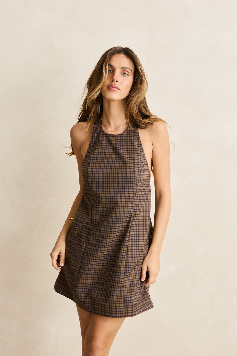 Jordy Check Halter Mini Dress Cafe