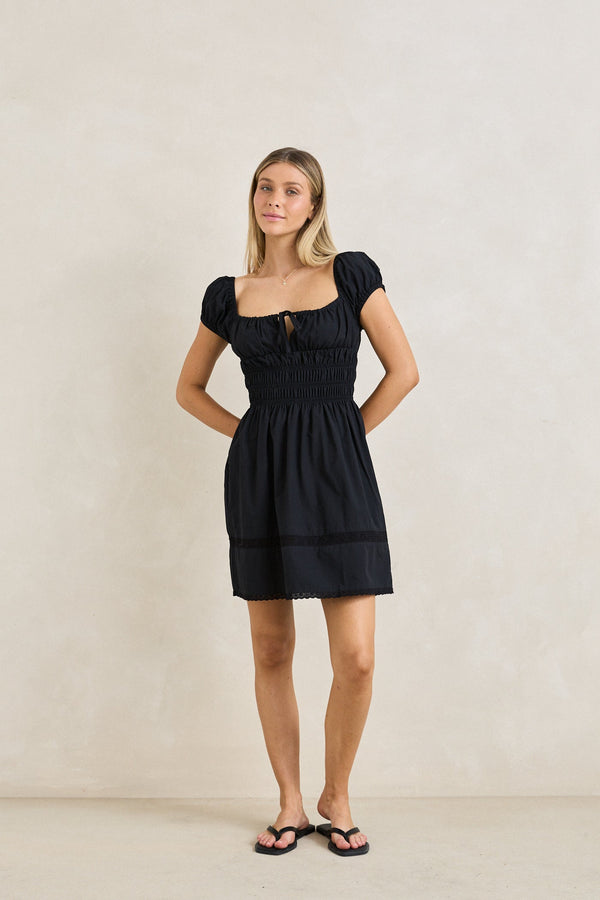 Broderie Cap Sleeve Mini Dress Black