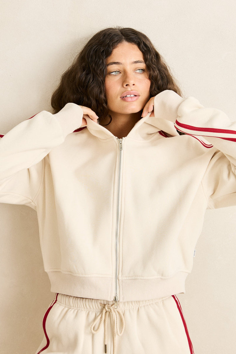 Contrast Fleece Full Zip Hoodie Stone