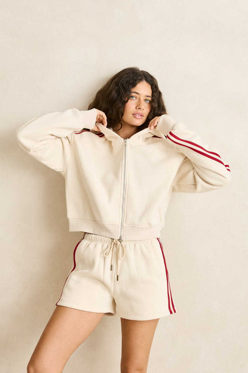 Contrast Fleece Full Zip Hoodie Stone
