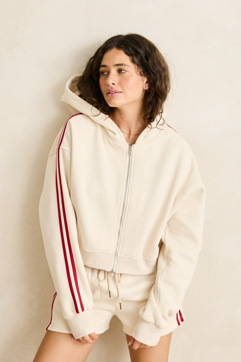 Contrast Fleece Full Zip Hoodie Stone
