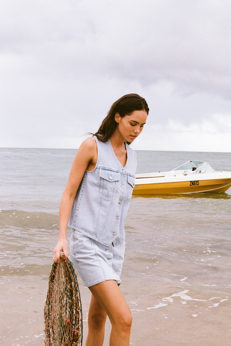 Elma Oversized Denim Vest Washed Blue