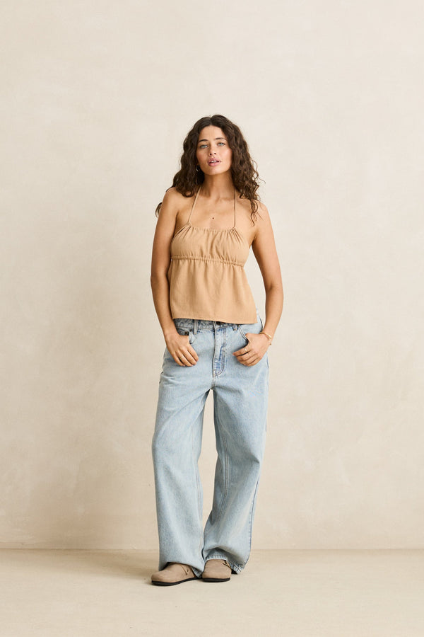 Sunny Days Linen Gathered Halter Top Sand