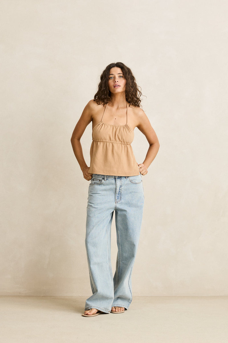 Sunny Days Linen Gathered Halter Top Sand
