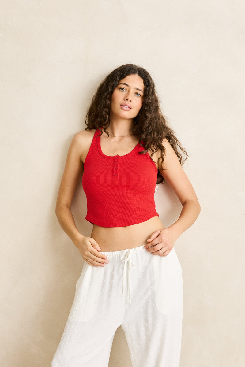 Waffle Henley Tank Cherry