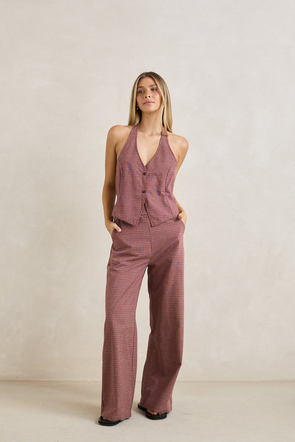 Lucy Check Halter Vest Rust